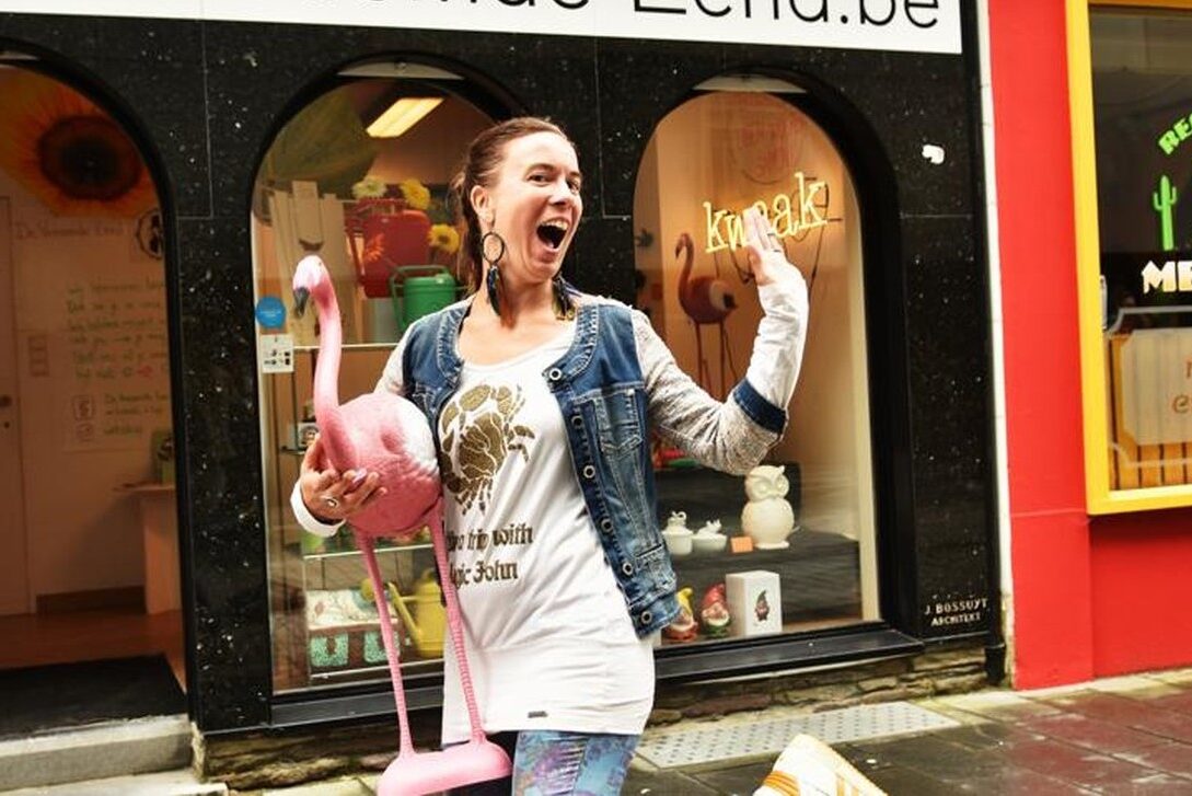 Mieke Claerhout in front of her own business: a unique retail shop in the city centre. Now she shares her marketing and sales knowledge with local shop owners.